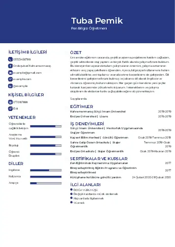 Fen Bilgisi Öğretmeni CV Örnekleri cv indir